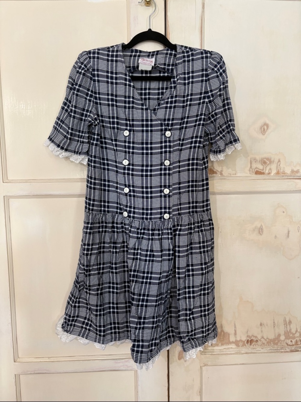 Vintage Plaid Button-Front Mini Dress with Lace Trim - Navy & White